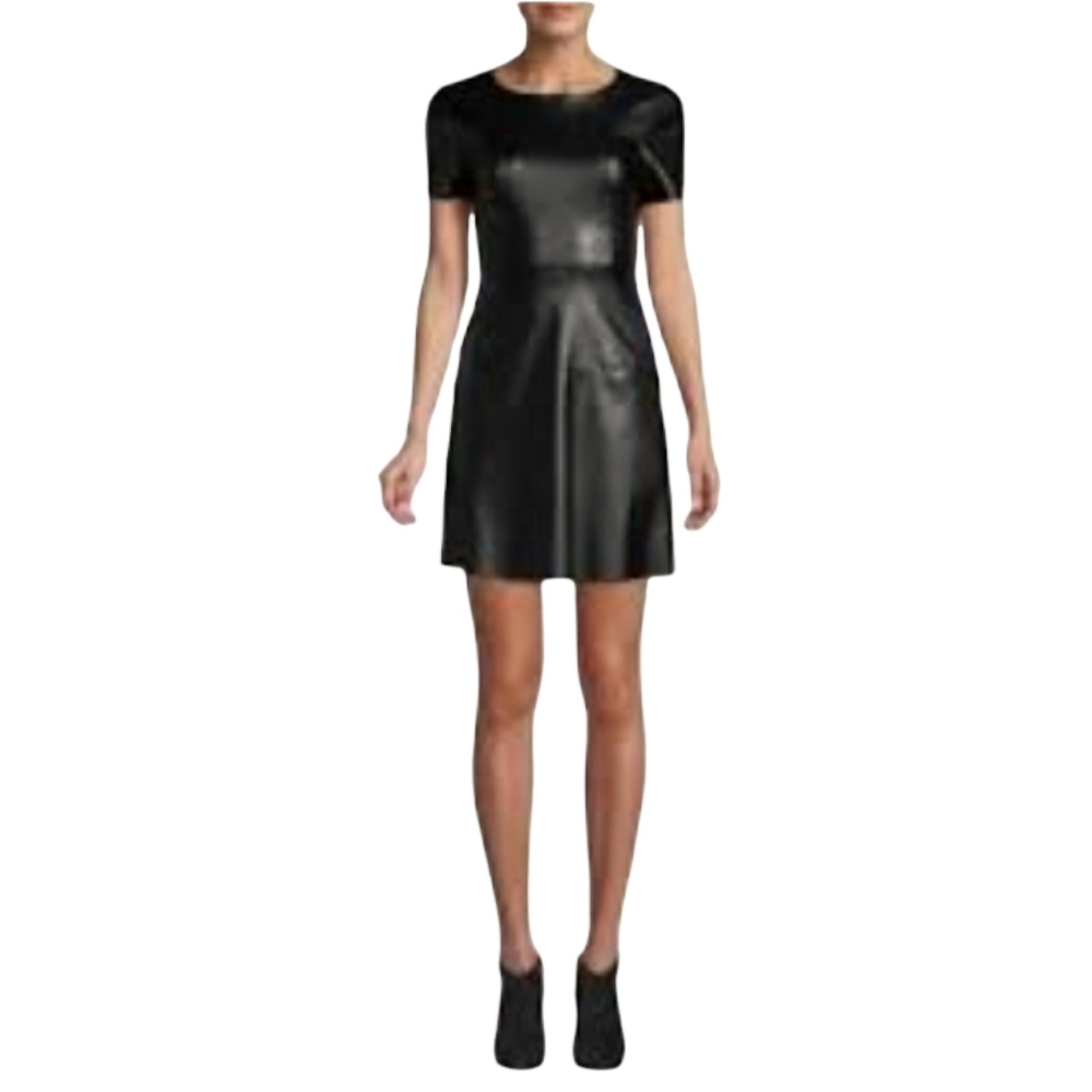 SAKS FIFTH AVENUE Faux Leather Short Sleeve A-Line Dress Small